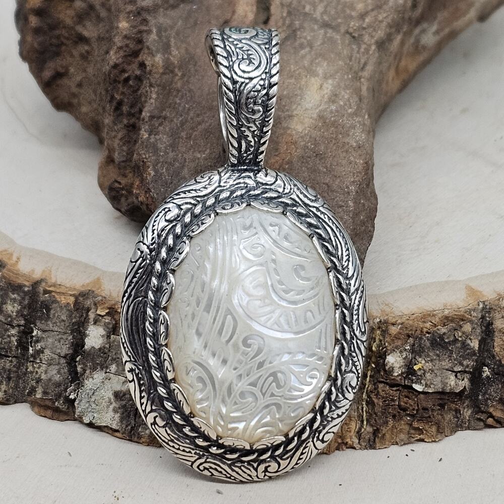 Carolyn Pollack Relios 925 Sterling Carved Mother of Pearl 2.25" Pendant 30g